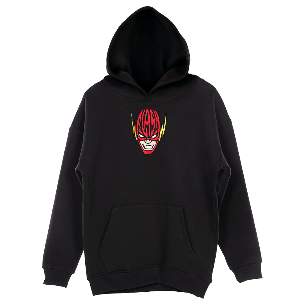 Black hoodie with a graphic design on a white background