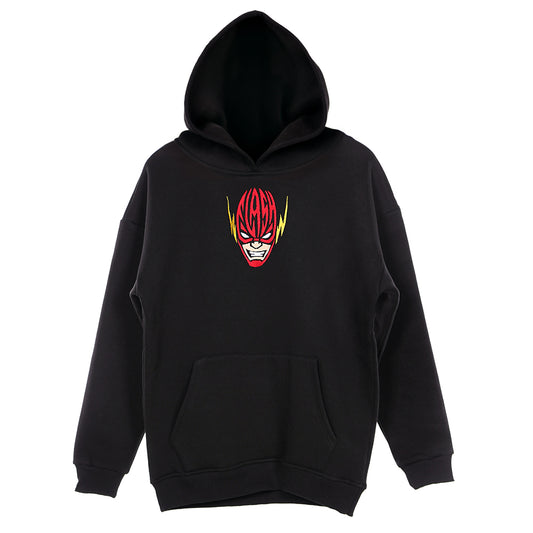 Black hoodie with a graphic design on a white background