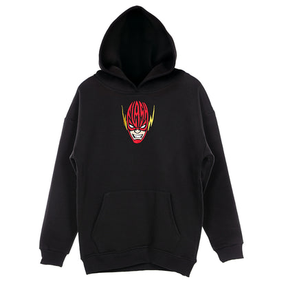 Black hoodie with a graphic design on a white background